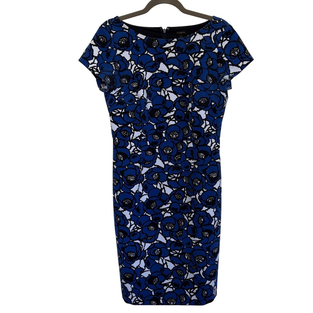 Talbots Floral Sheath Dress Size 4 Blue White Cap Sleeve